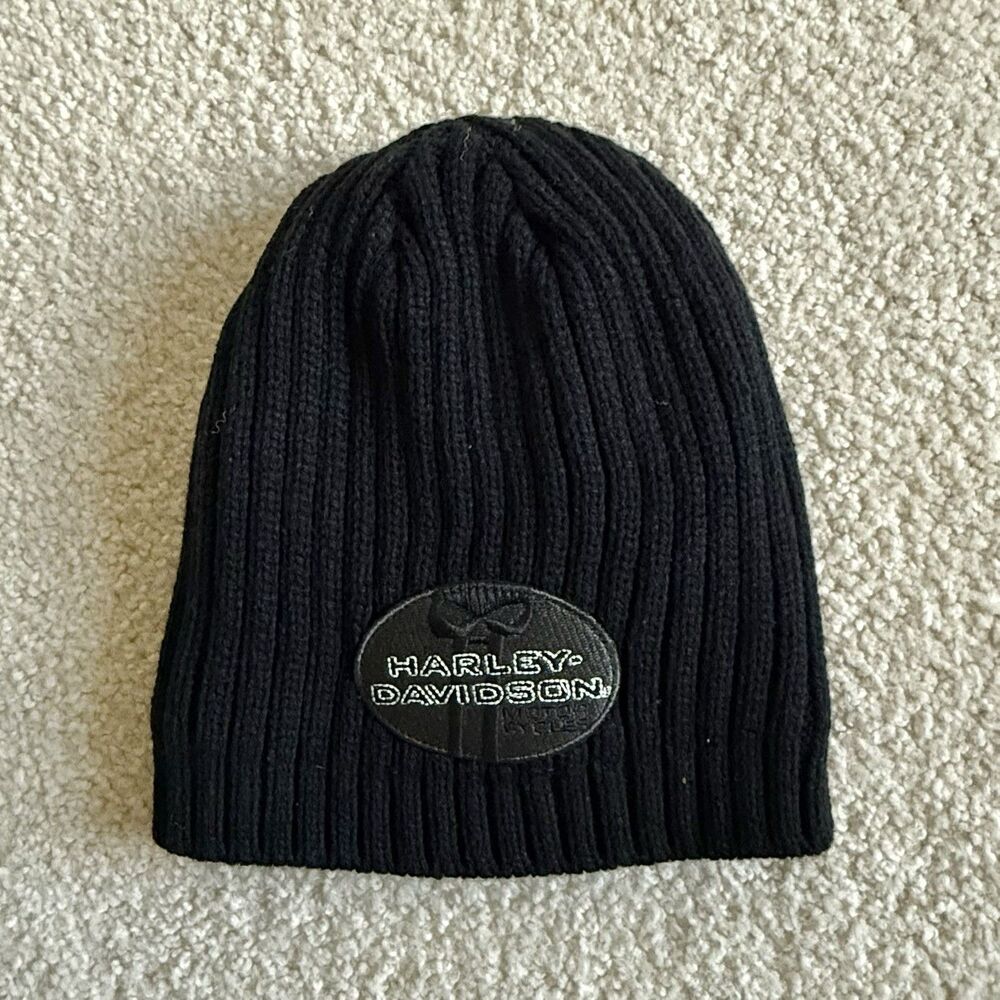 Harley-Davidson Beanie Cap Black Rib Knit Fleece LIned Leather Skull Embroidery - Picture 12 of 12